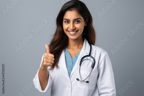 Indian female doctor standing and showing thumps up.