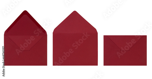 Burgundy red open envelope isolated on white background. Letter, front and back view. Design element for business, birthday, Valentine. Copy space