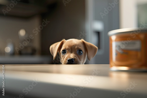 Portrait of hungry orange puppy peering over counte table, looking to dog canned food on the kitchen. 