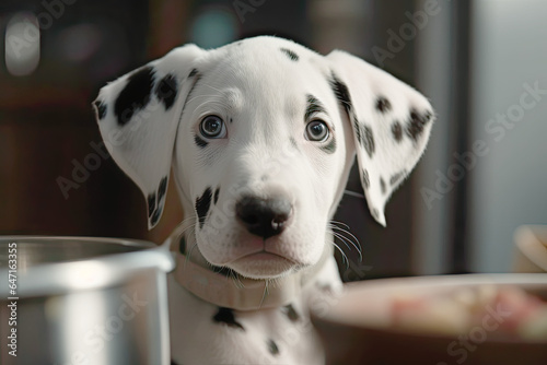 Portrait of hungry dalmatian puppy peering over counte table, looking to dog canned food on the kitchen. 