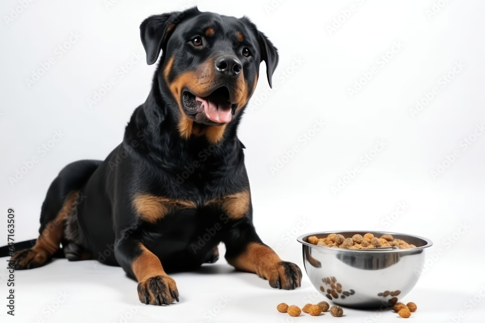 Full body of Happy Delighted Satisfied Rottweiler dog enjoying a hearty