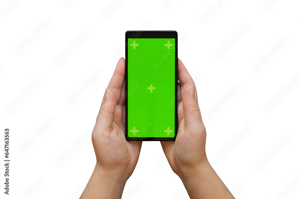 Phone with a green screen in hands on transparent background, top view Phone with a green screen in hands on transparent background, top view