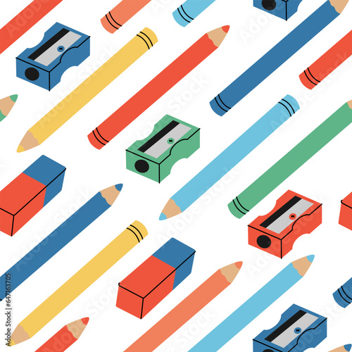 Seamless pattern with colorful pencils, sharpeners and eraser on white background. Stationery, education or drawing supplies. vector flat illustration