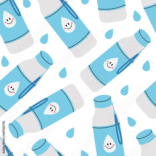 Seamless pattern with water bottle with cute drop and other drops on white background. Healthy lifestyle, water balance, drinking tracker. Vector flat illustration