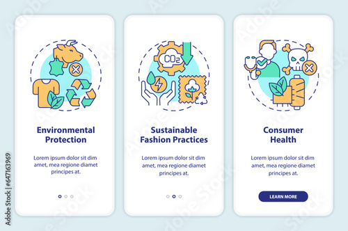 2D icons representing sustainable fashion mobile app screen set. Walkthrough 3 steps multicolor graphic instructions with thin line icons concept, UI, UX, GUI template.