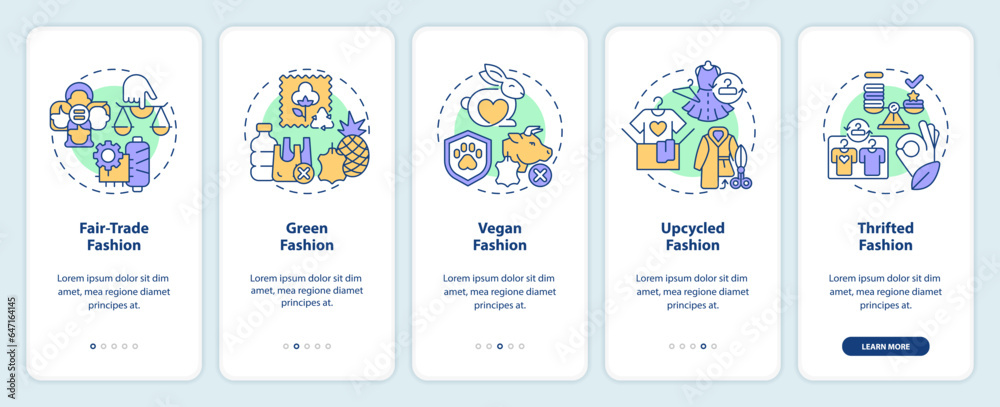 2D icons representing sustainable fashion mobile app screen set. Walkthrough 5 steps multicolor graphic instructions with linear icons concept, UI, UX, GUI template.