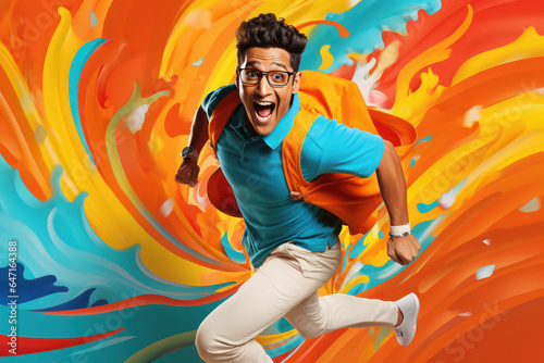 Young man tourist excited and running on color background © Niks Ads