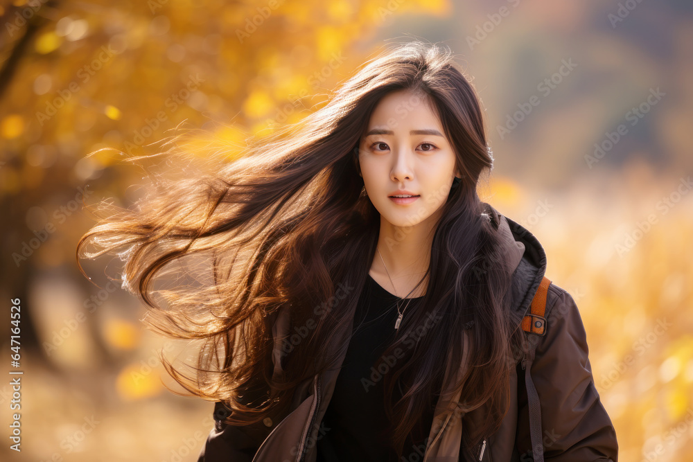 Young smiling Asian woman walking at park in autumn morning Young smiling Asian woman walking at park in autumn morning