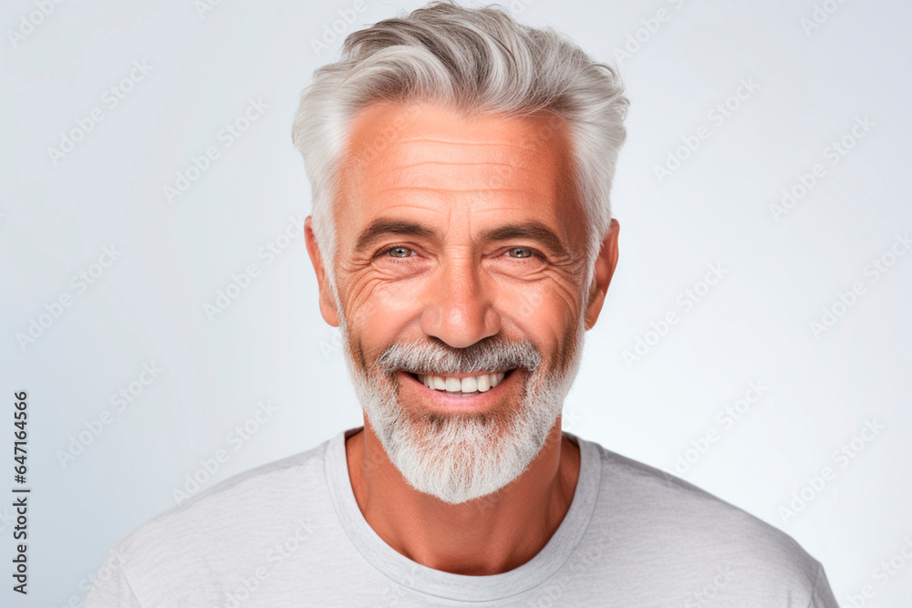Close-up of a handsome mature man smiling with clean teeth. for a dental advertisement. guy with fresh stylish hair and beard with strong jaw. isolated on white background Close-up of a handsome mature man smiling with clean teeth. for a dental advertisement. guy with fresh stylish hair and beard with strong jaw. isolated on white background