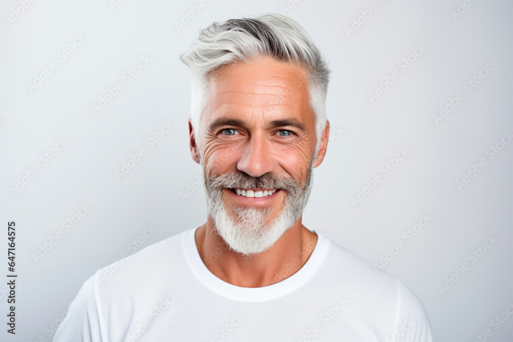 Close-up of a handsome mature man smiling with clean teeth. for a dental advertisement. guy with fresh stylish hair and beard with strong jaw. isolated on white background Close-up of a handsome mature man smiling with clean teeth. for a dental advertisement. guy with fresh stylish hair and beard with strong jaw. isolated on white background