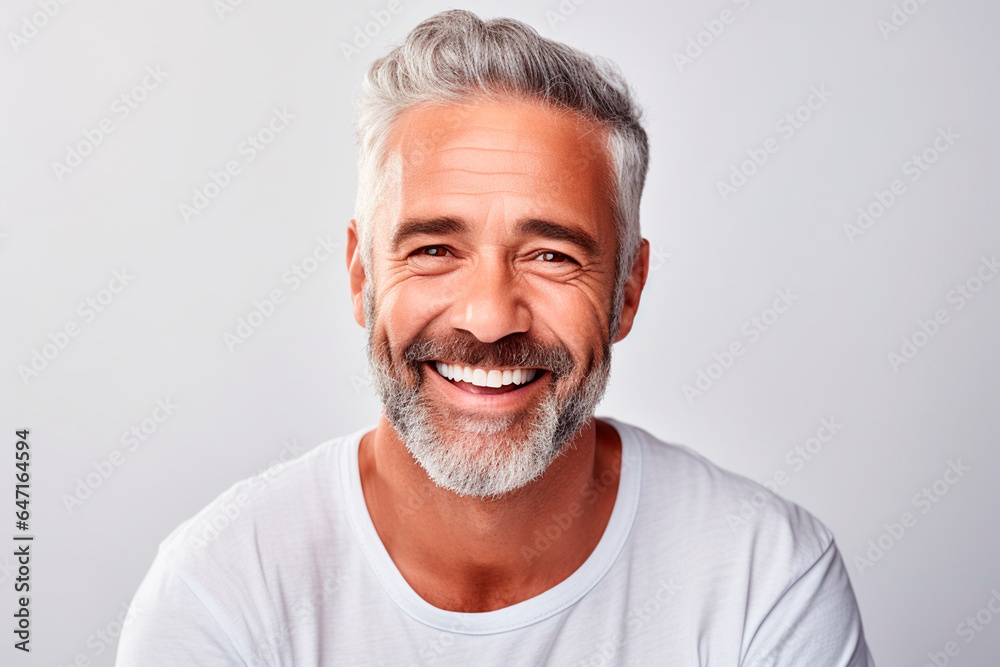 Close-up of a handsome mature man smiling with clean teeth. for a dental advertisement. guy with fresh stylish hair and beard with strong jaw. isolated on white background Close-up of a handsome mature man smiling with clean teeth. for a dental advertisement. guy with fresh stylish hair and beard with strong jaw. isolated on white background