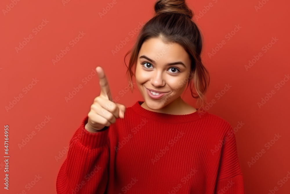 A 17 years old girl on a red background gesticulates with her index finger, copy space A 17 years old girl on a red background gesticulates with her index finger, copy space