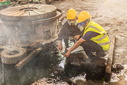 Chemical toxic liquid oil gas leak danger to environment impacts investigation team working site rescue and examination with safety