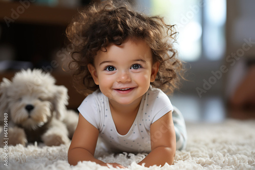 A baby crawling on a carpet in a predominantly white - themed room.