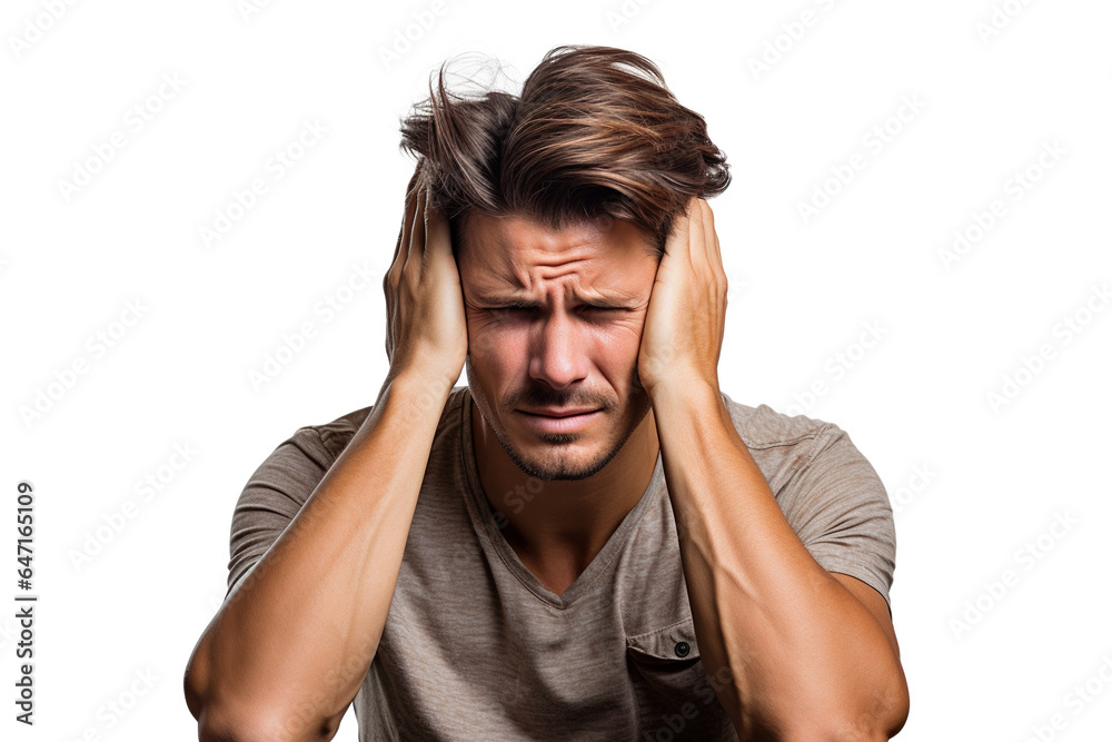 a young man with migraine headache holding his head having pain. isolated on white background a young man with migraine headache holding his head having pain. isolated on white background