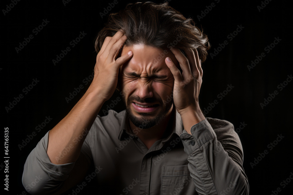 a young man with migraine headache holding his head having pain. isolated on black background a young man with migraine headache holding his head having pain. isolated on black background