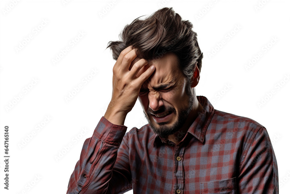 a young man with migraine headache holding his head having pain. isolated on white background a young man with migraine headache holding his head having pain. isolated on white background