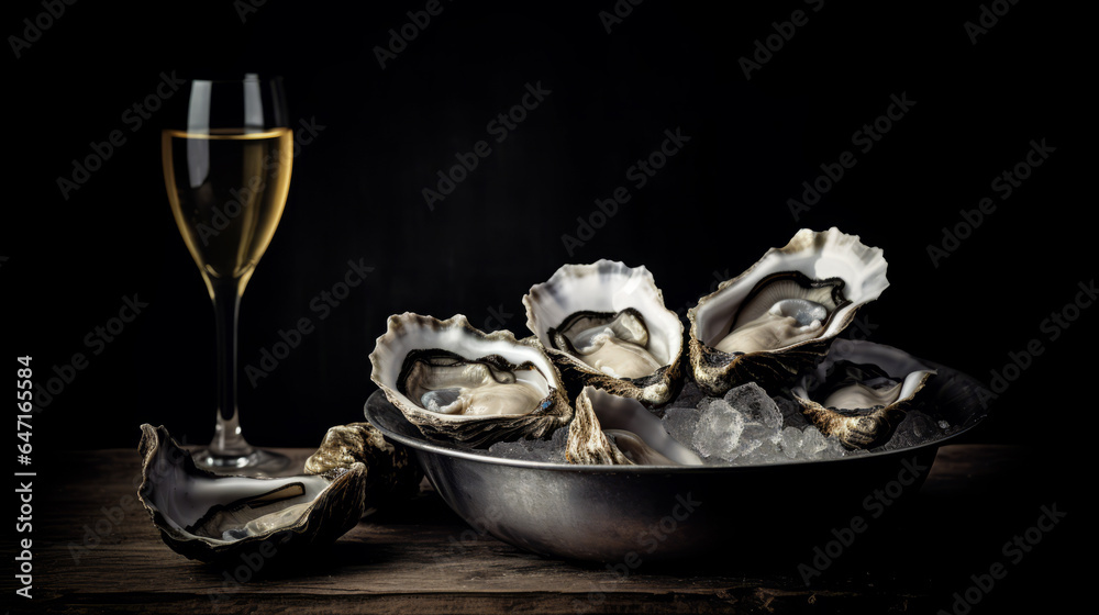 Close up of opened fresh oysters with lemon and champagne.