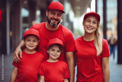 dad and mam and two kids wearing blank red tshirt