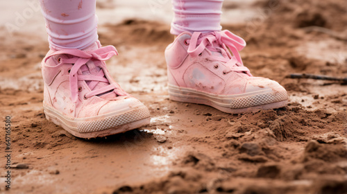 Close-up of a little girls muddy pink sneakers hints