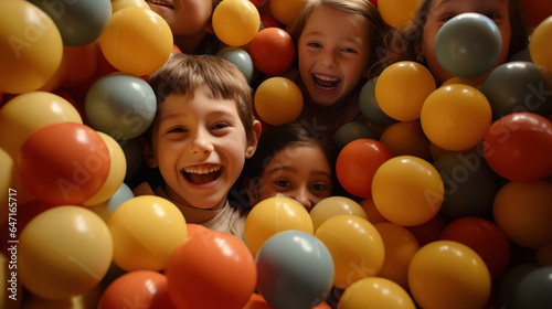 Group of children friends playing a game in the ball pit