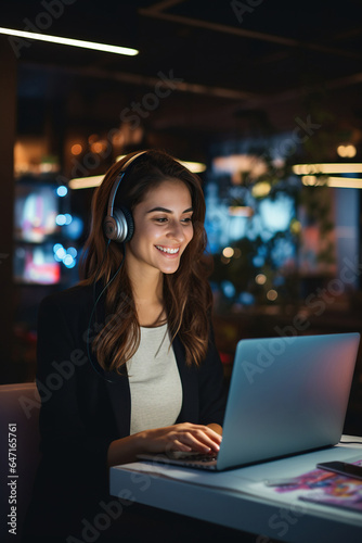 Happy female entrepreneur having a virtual business meeting at night