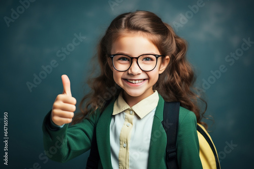 Happy smiling girl in glasses with thumb up is going to school for the first time. Child with school bag and book. Back to school