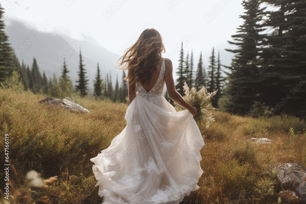 The bride stands with her back turned. Wedding in the mountains. The bride stands with her back turned. Wedding in the mountains.