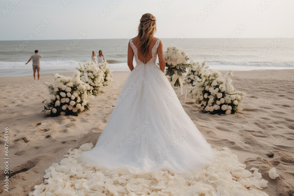 The bride near the wedding arch. Modern wedding on the beach The bride near the wedding arch. Modern wedding on the beach