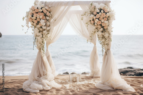 Wedding arch. Modern wedding on the beach