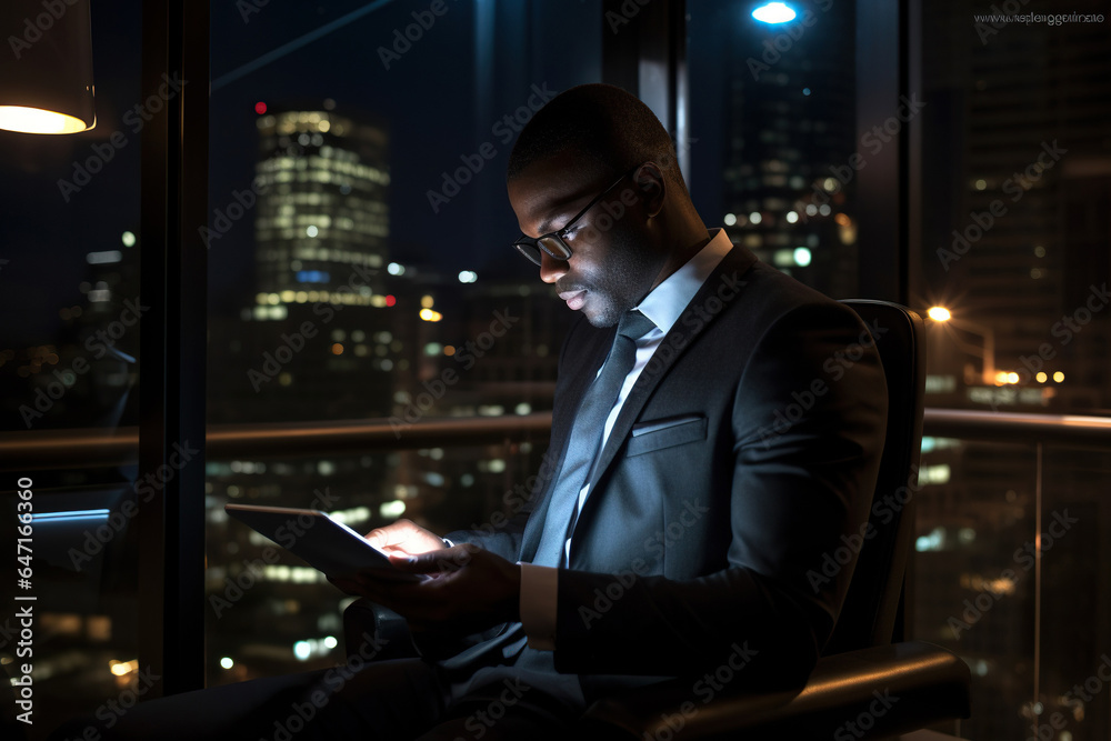 Pensive African American entrepreneur using digital tablet in night time
