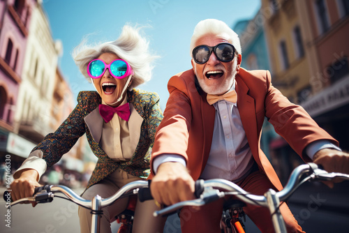 Old Couple riding bicycles outside of the city and wearing helmets and sunglasses