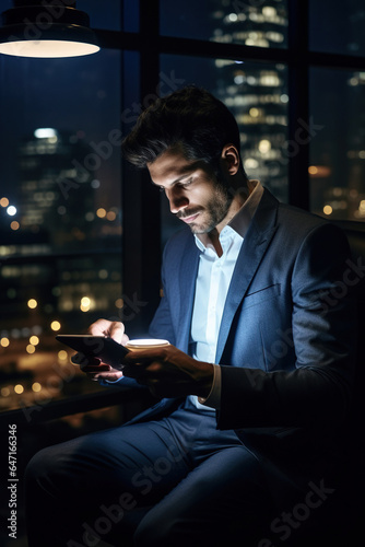 Pensive entrepreneur using digital tablet in night time © AI_images