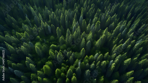 Green Pine forest. Bird's Eye View.