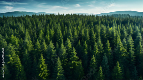 Green Pine forest. Bird's Eye View.