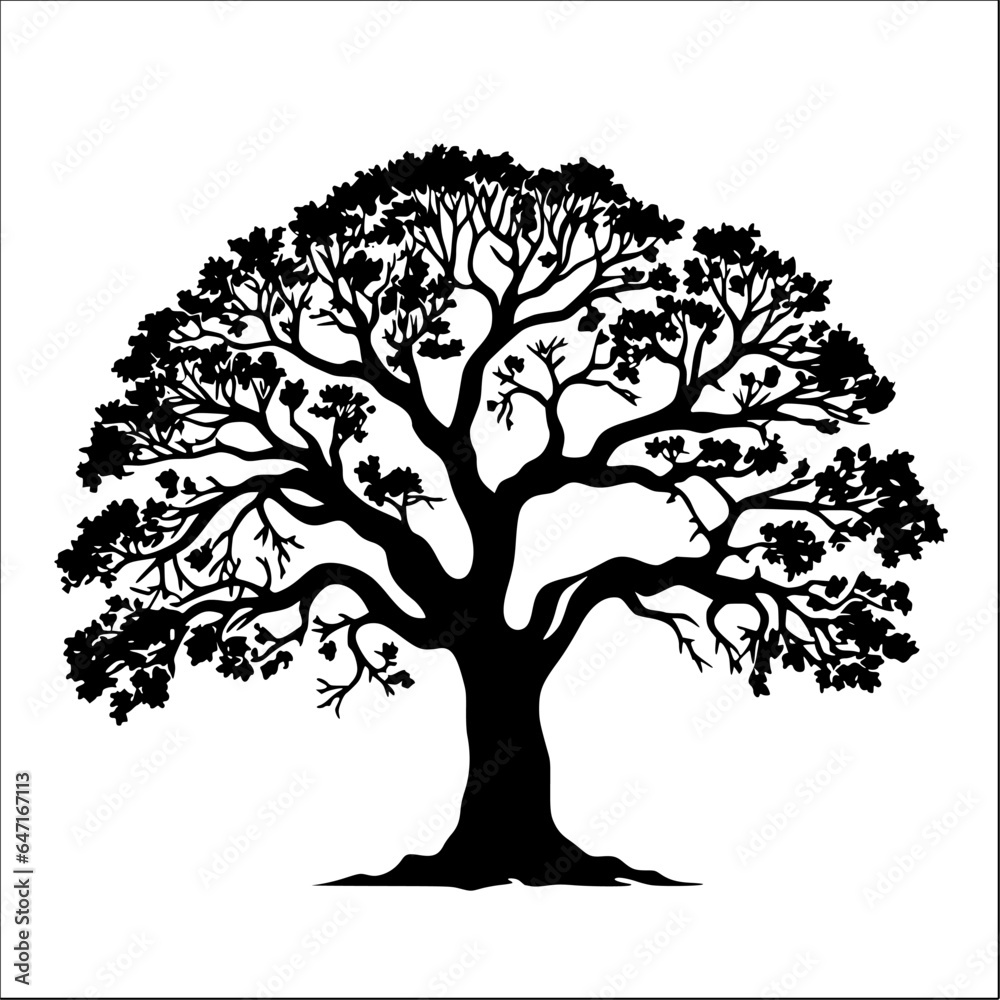 Black color silhouette of a oak tree with leaves vector illustration suitable for logo designs, graphic illustrations, nature-themed projects, and promotional materials.