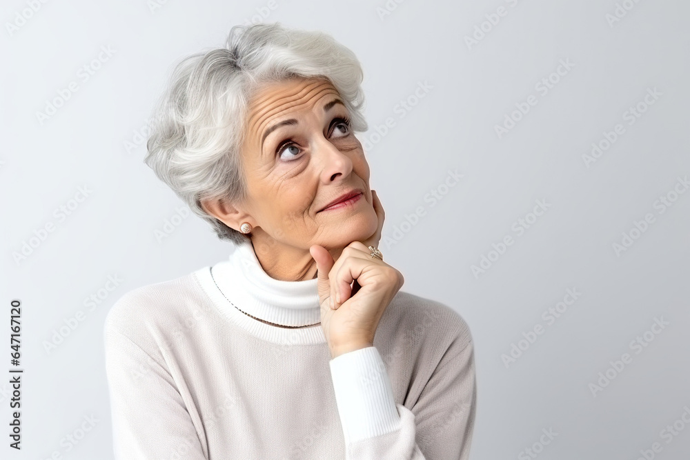 Thinking face old woman with decision on isolated white background. Thinking face old woman with decision on isolated white background.