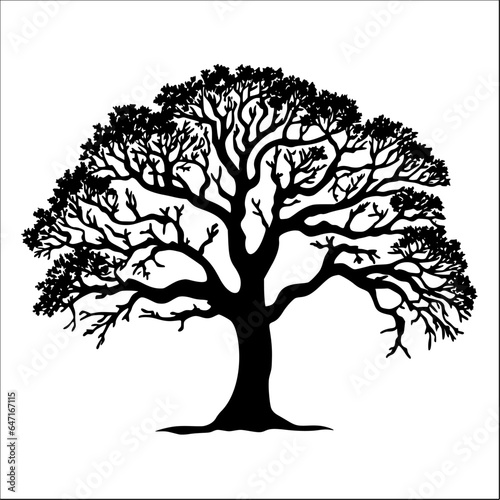 Black color silhouette of a oak tree with leaves vector illustration suitable for logo designs, graphic illustrations, nature-themed projects, and promotional materials.