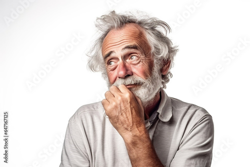 Thinking face old man with decision on isolated white background.
