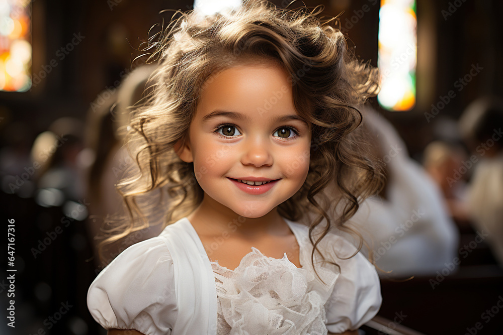 Young girl, 2 years old, dressed in white, standing proudly in front of the church - obrazy, fototapety, plakaty 