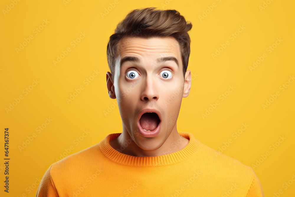 young man expressing surprise and shock emotion with his mouth open and wide open eyes. isolated on yellow background young man expressing surprise and shock emotion with his mouth open and wide open eyes. isolated on yellow background