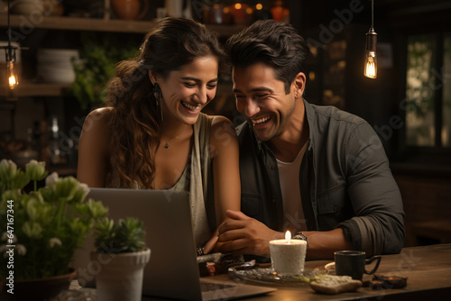 young Indian couple using laptop computer together at home