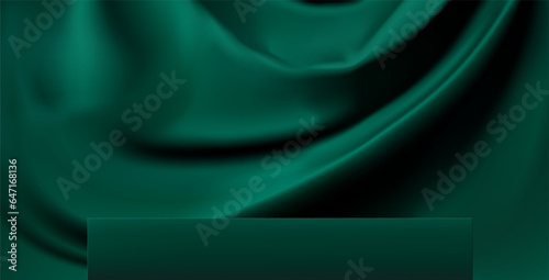 Abstract 3D Vector minimal scene for mockup product display. Cosmetic product background for sale event concept. Stage showcase on green velvet curtain background. Vector EPS10