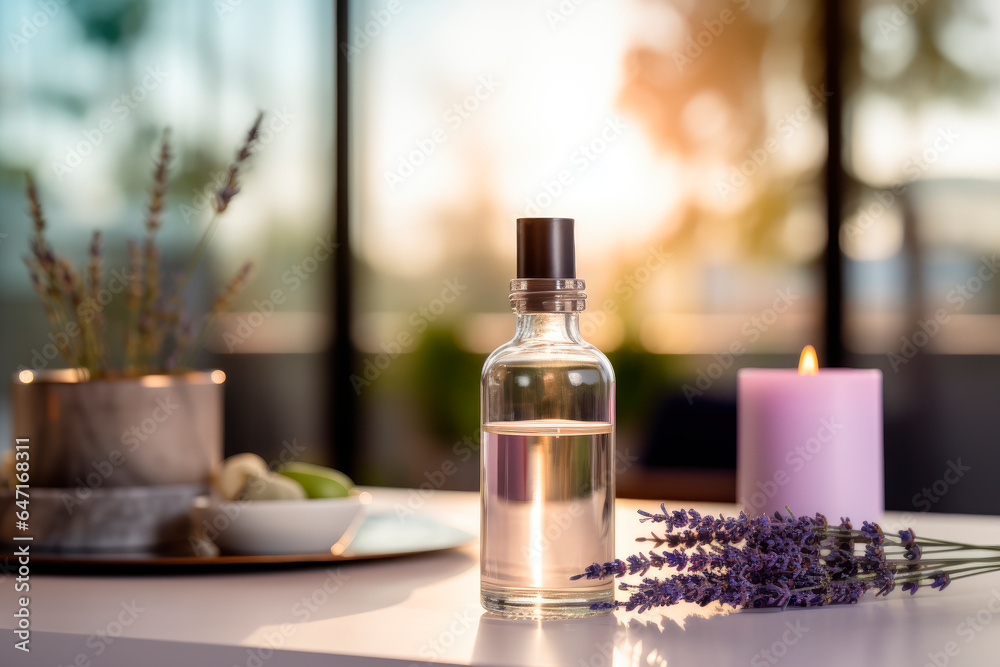 A bottle of essential oil with blooming lavender twigs A bottle of essential oil with blooming lavender twigs