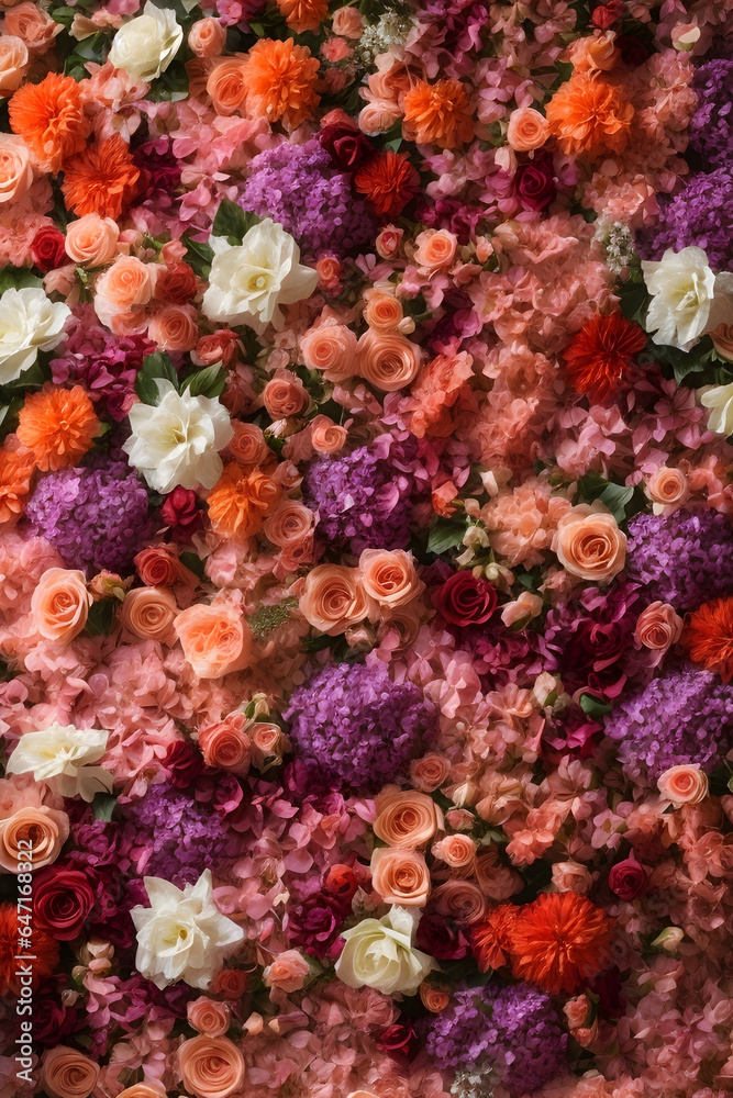 Flowers wall background with amazing red,orange,pink,purple,green and white flowers. Image created using artificial intelligence. Flowers wall background with amazing red,orange,pink,purple,green and white flowers. Image created using artificial intelligence.