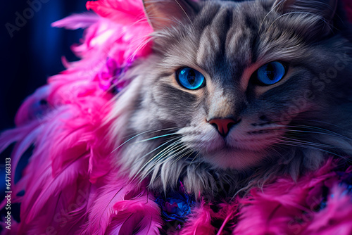 Close-up portrait of a blue eyes cat with a fashionable purple and blue feather dress