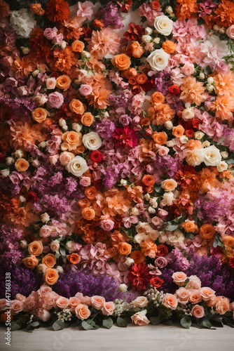 Flowers wall background with amazing red,orange,pink,purple,green and white flowers. Image created using artificial intelligence.
