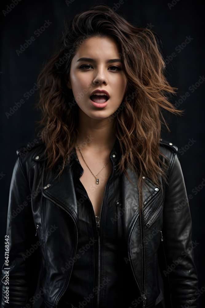 Portrait of a beautiful rocker woman in a black leather jacket on a studio background. Image created using artificial intelligence. Portrait of a beautiful rocker woman in a black leather jacket on a studio background. Image created using artificial intelligence.