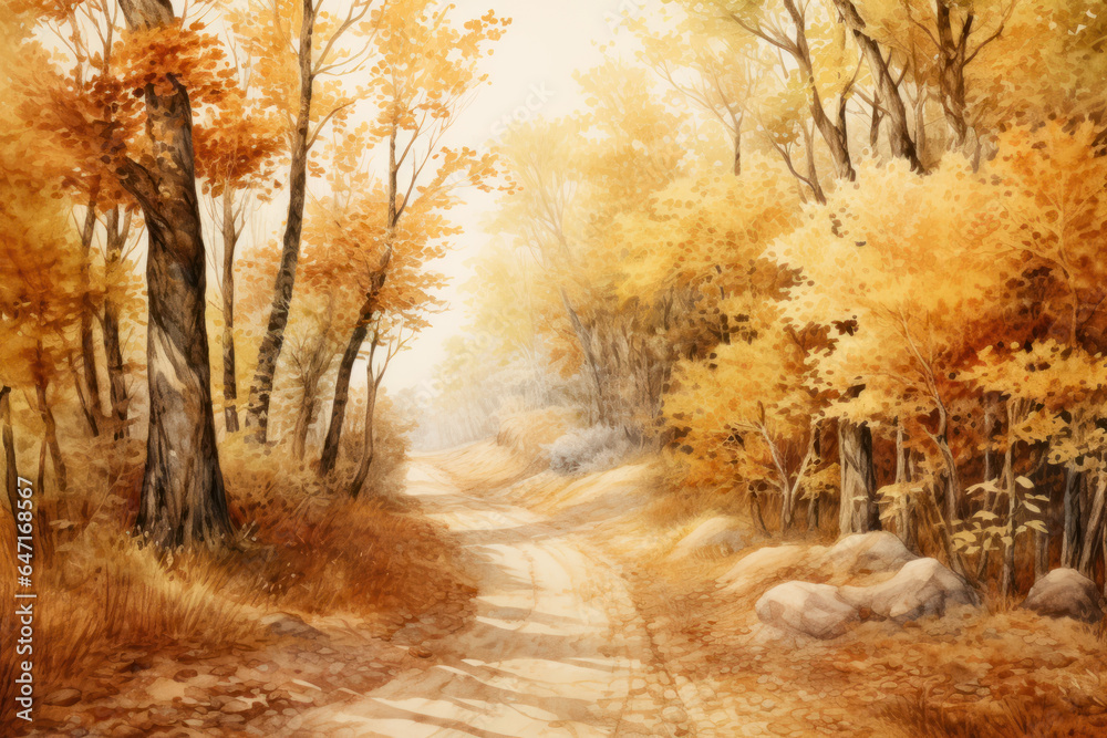Obraz premium Watercolor Autumn leaves abstract background, Colorful foliage in path