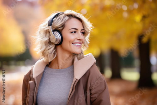 Smile short blonde and headset woman walking at park in autumn morning